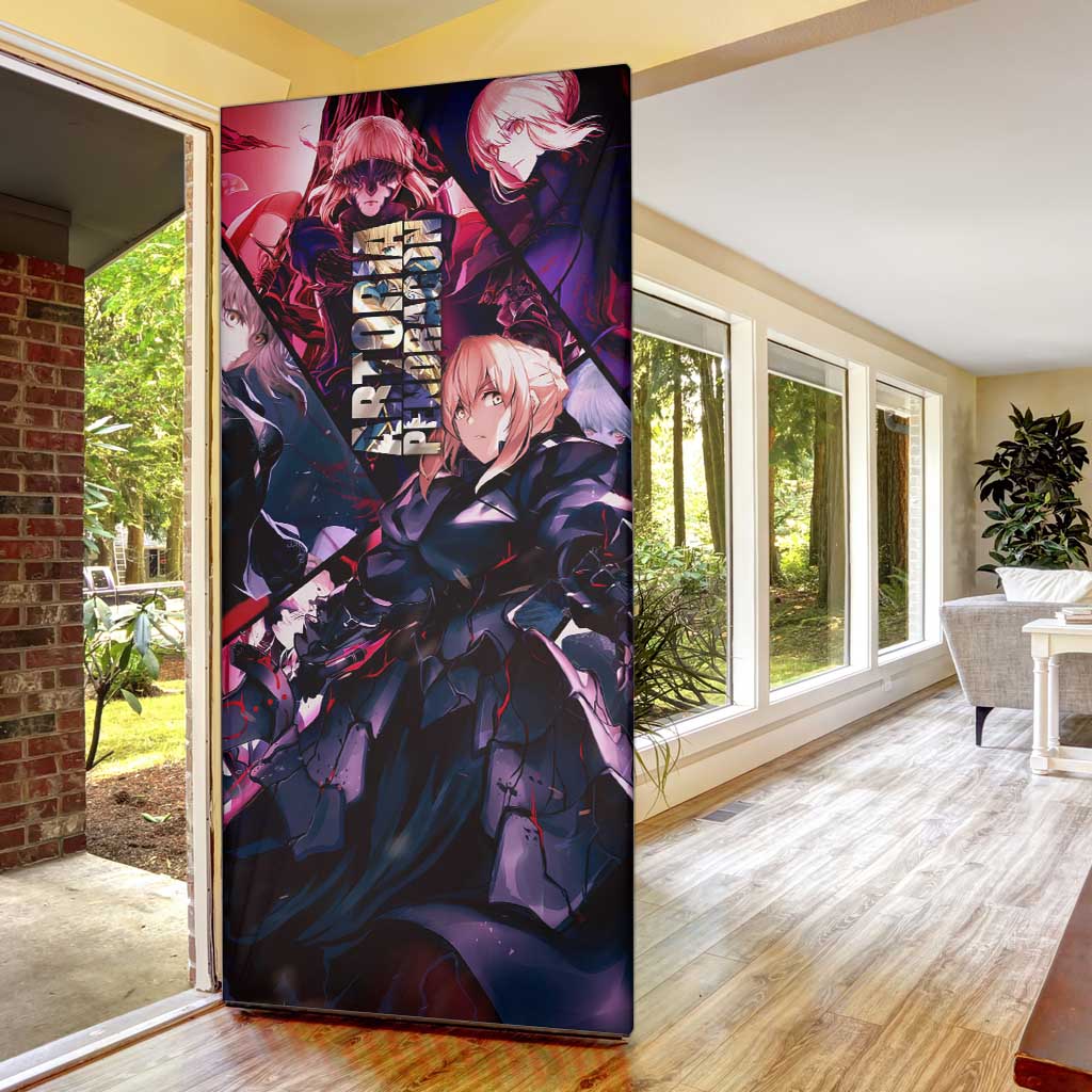 Saber Artoria Pendragon Dark Armor Theme Door Cover with Red and Purple Abstract Background Design - The Mazicc