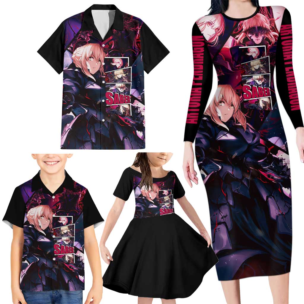 Saber Artoria Pendragon Dark Armor Theme Family Matching Long Sleeve Bodycon Dress and Hawaiian Shirt with Red and Purple Abstract Background Design