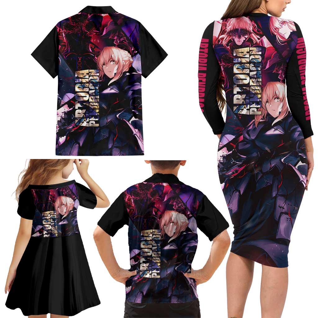 Saber Artoria Pendragon Dark Armor Theme Family Matching Long Sleeve Bodycon Dress and Hawaiian Shirt with Red and Purple Abstract Background Design