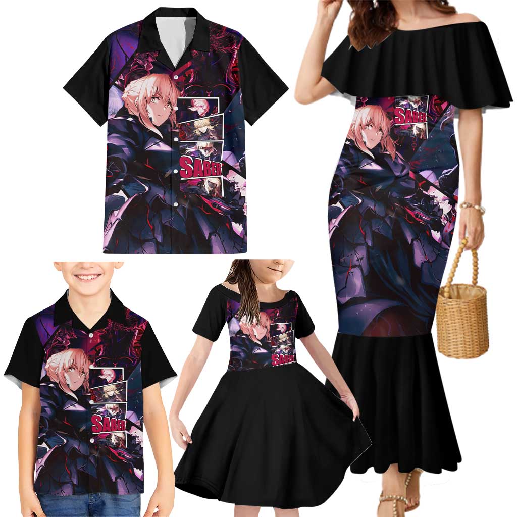 Saber Artoria Pendragon Dark Armor Theme Family Matching Mermaid Dress and Hawaiian Shirt with Red and Purple Abstract Background Design