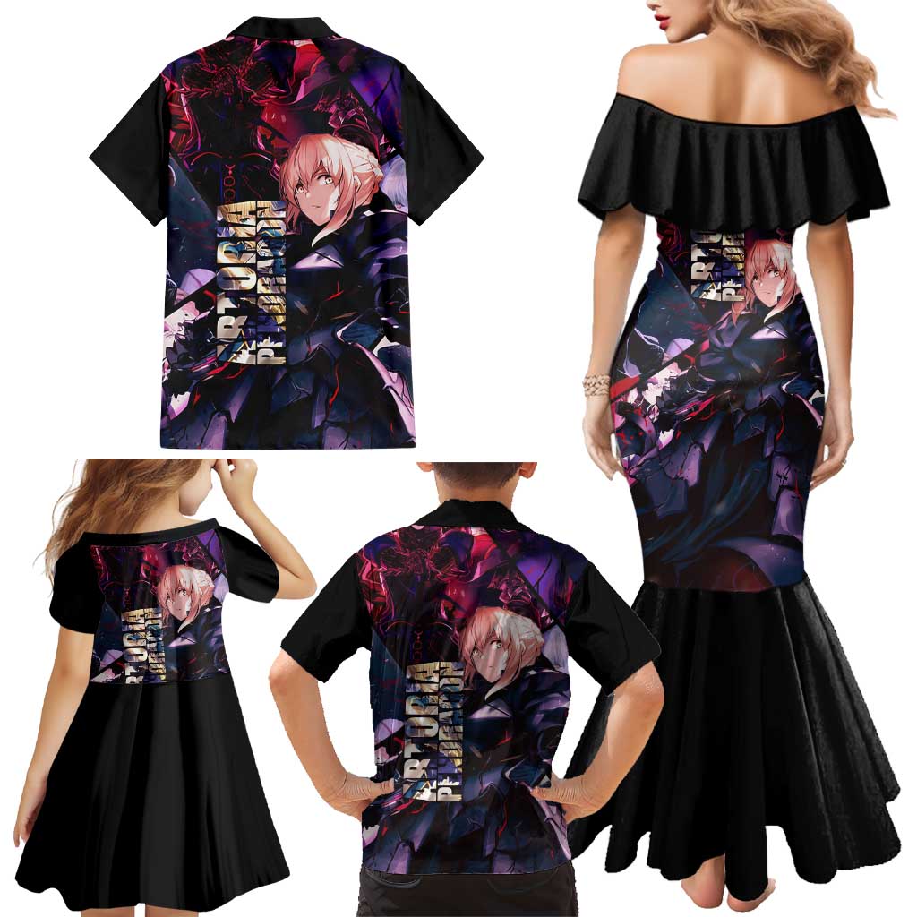 Saber Artoria Pendragon Dark Armor Theme Family Matching Mermaid Dress and Hawaiian Shirt with Red and Purple Abstract Background Design