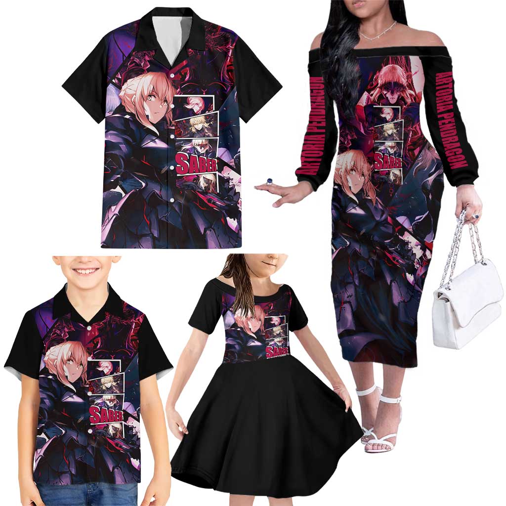Saber Artoria Pendragon Dark Armor Theme Family Matching Off The Shoulder Long Sleeve Dress and Hawaiian Shirt with Red and Purple Abstract Background Design