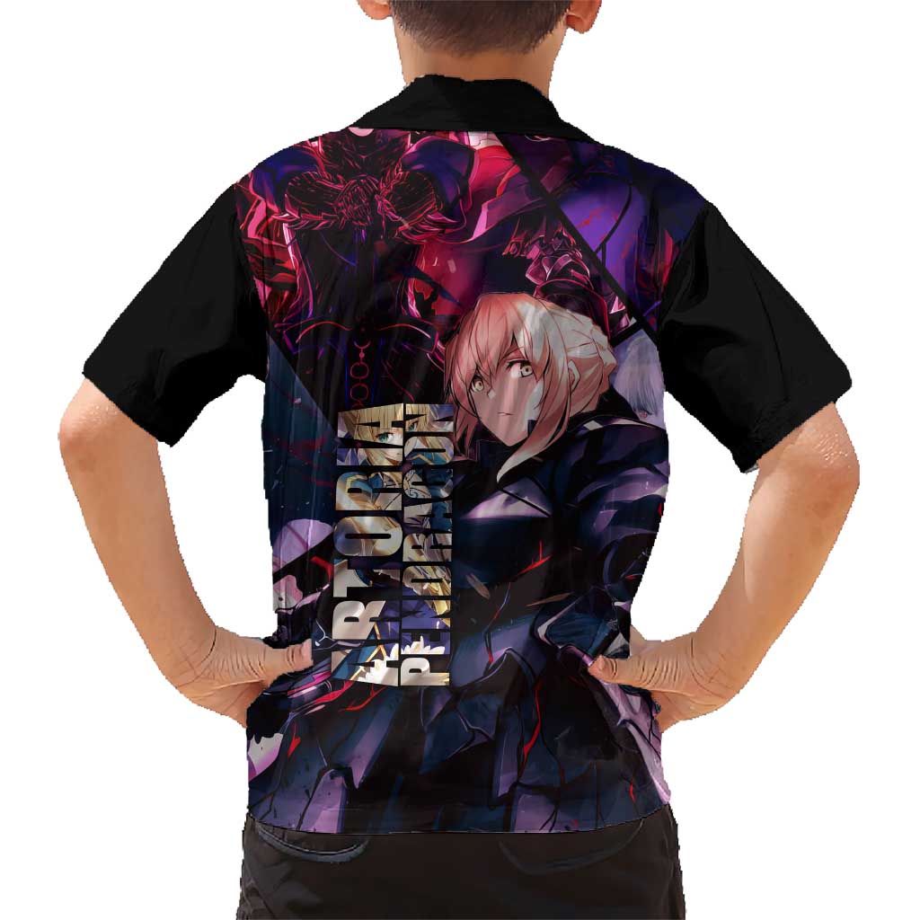 Saber Artoria Pendragon Dark Armor Theme Family Matching Off The Shoulder Long Sleeve Dress and Hawaiian Shirt with Red and Purple Abstract Background Design