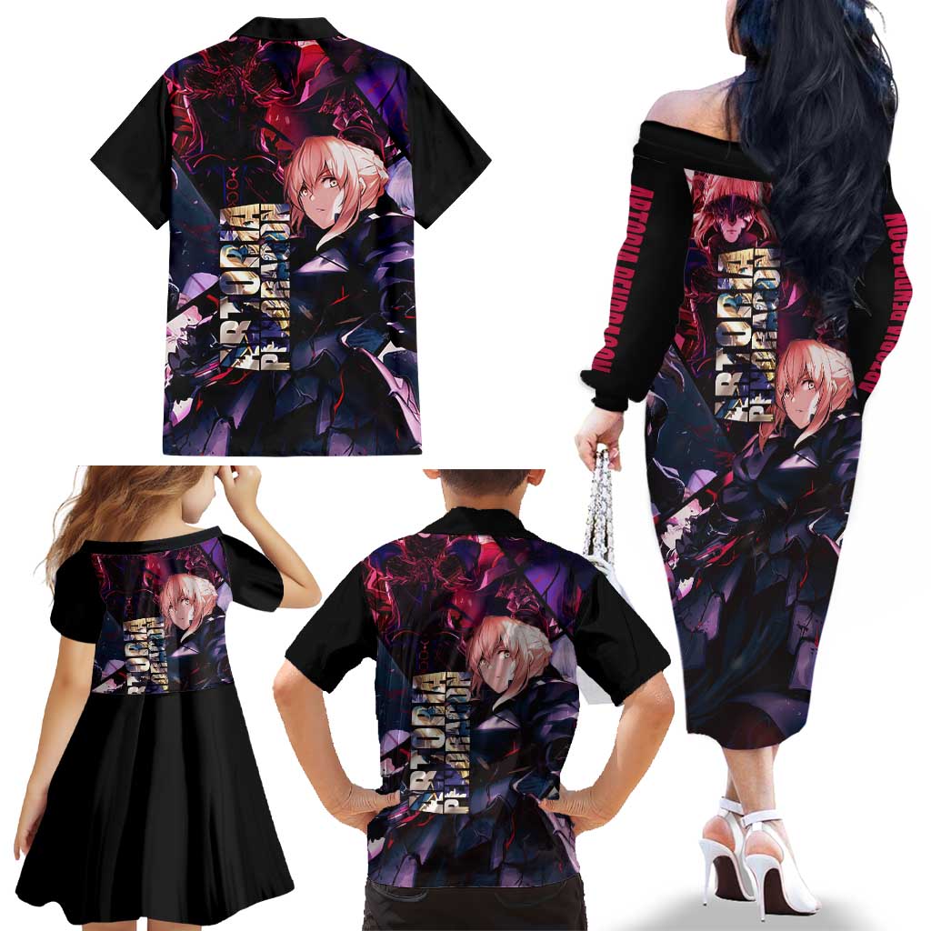 Saber Artoria Pendragon Dark Armor Theme Family Matching Off The Shoulder Long Sleeve Dress and Hawaiian Shirt with Red and Purple Abstract Background Design