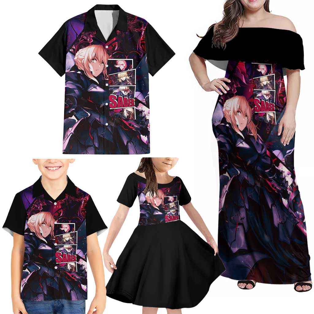 Saber Artoria Pendragon Dark Armor Theme Family Matching Off Shoulder Maxi Dress and Hawaiian Shirt with Red and Purple Abstract Background Design