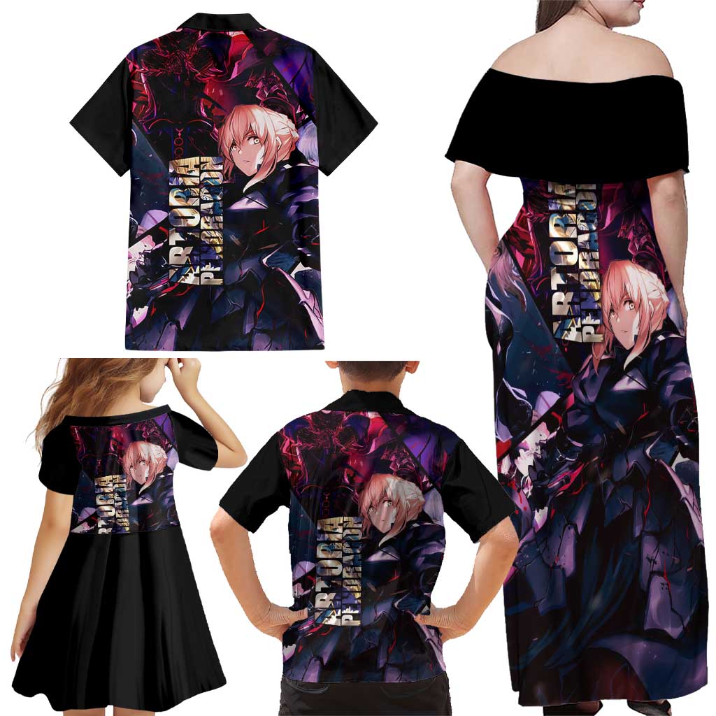 Saber Artoria Pendragon Dark Armor Theme Family Matching Off Shoulder Maxi Dress and Hawaiian Shirt with Red and Purple Abstract Background Design
