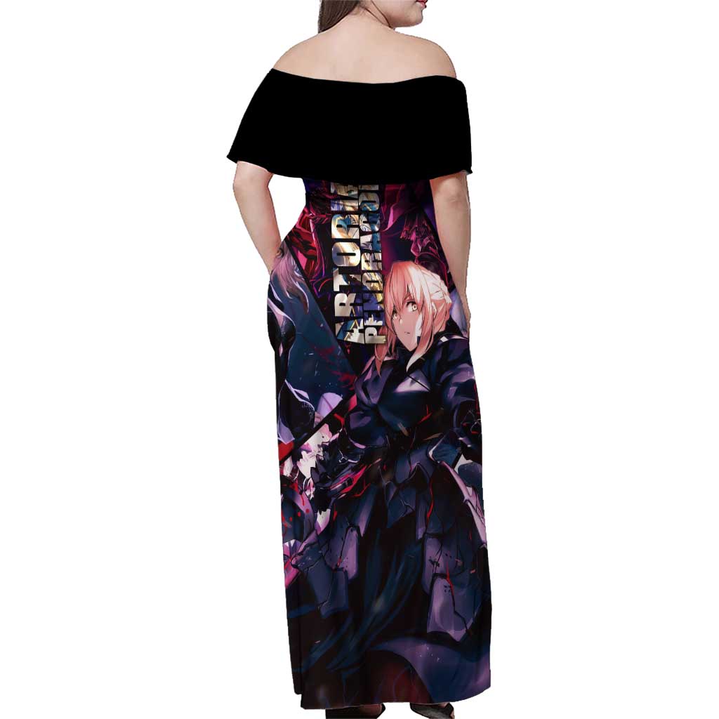 Saber Artoria Pendragon Dark Armor Theme Family Matching Off Shoulder Maxi Dress and Hawaiian Shirt with Red and Purple Abstract Background Design