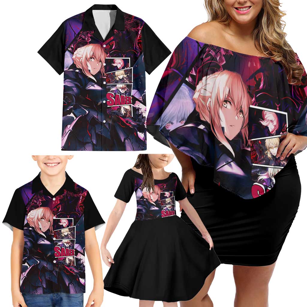 Saber Artoria Pendragon Dark Armor Theme Family Matching Off Shoulder Short Dress and Hawaiian Shirt with Red and Purple Abstract Background Design