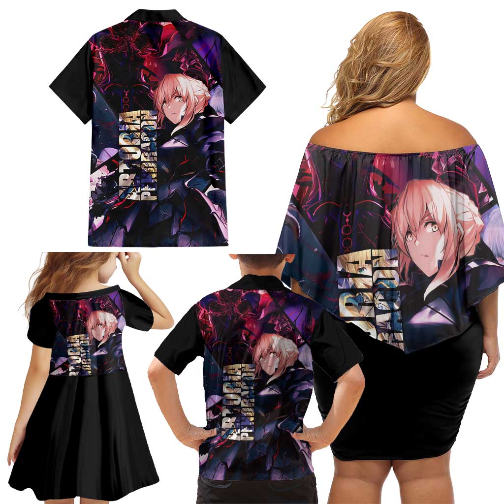 Saber Artoria Pendragon Dark Armor Theme Family Matching Off Shoulder Short Dress and Hawaiian Shirt with Red and Purple Abstract Background Design