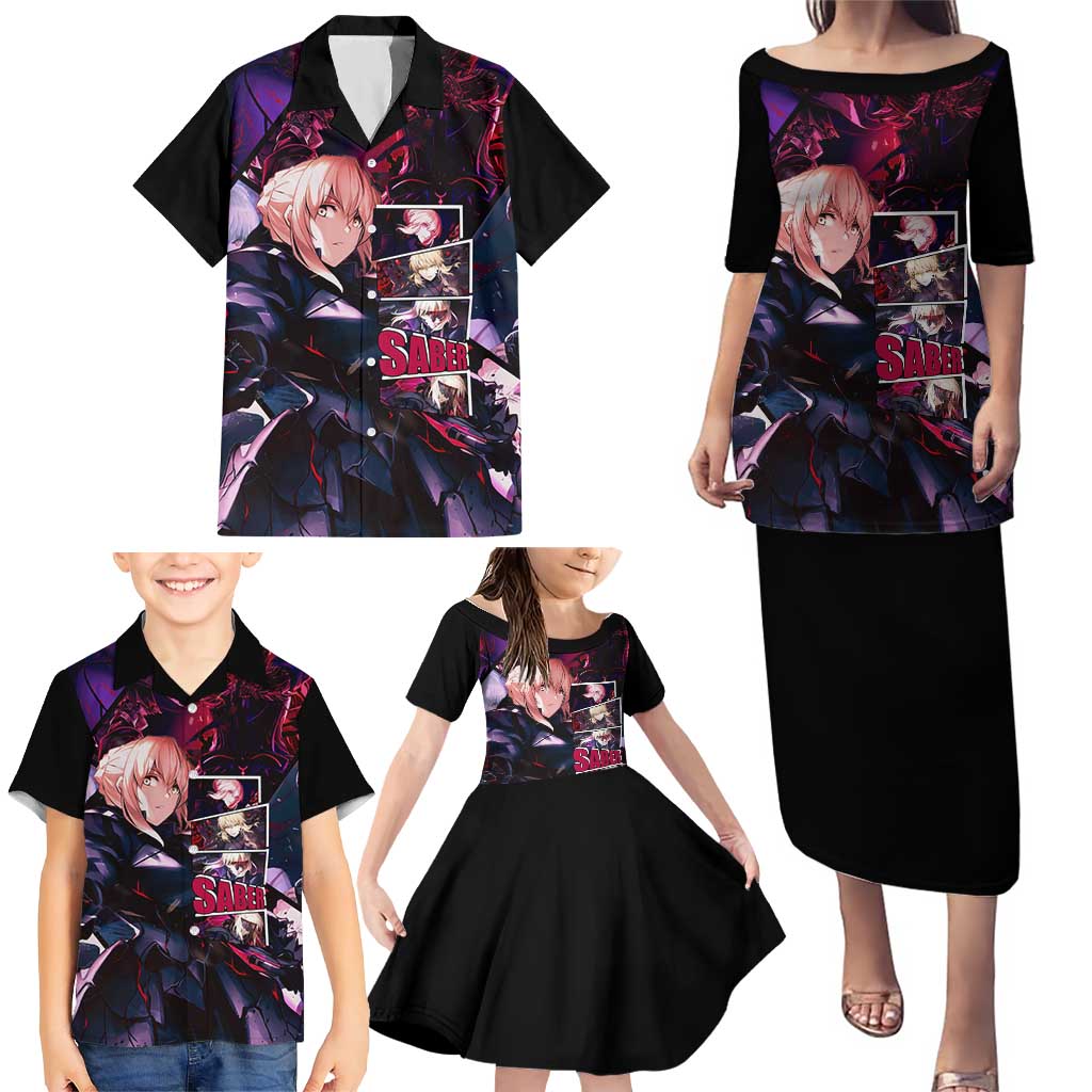 Saber Artoria Pendragon Dark Armor Theme Family Matching Puletasi and Hawaiian Shirt with Red and Purple Abstract Background Design