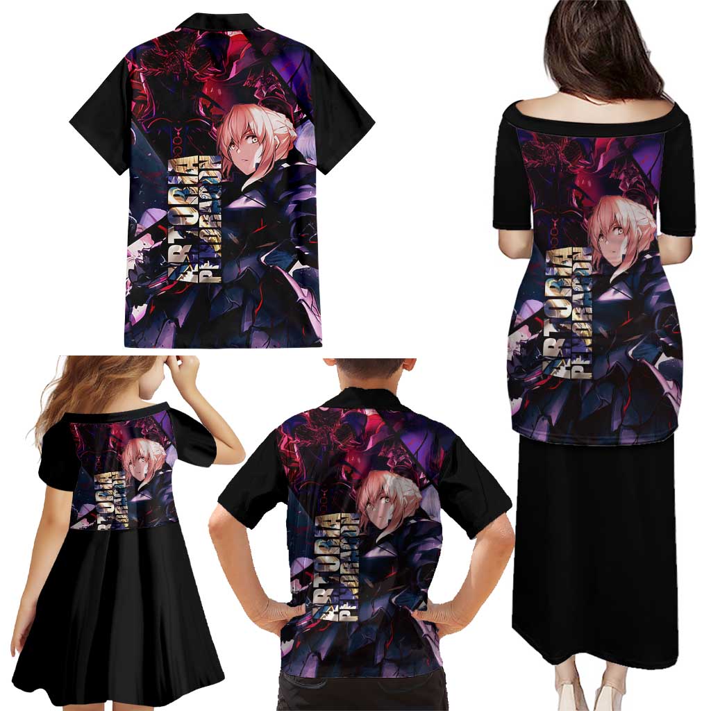 Saber Artoria Pendragon Dark Armor Theme Family Matching Puletasi and Hawaiian Shirt with Red and Purple Abstract Background Design
