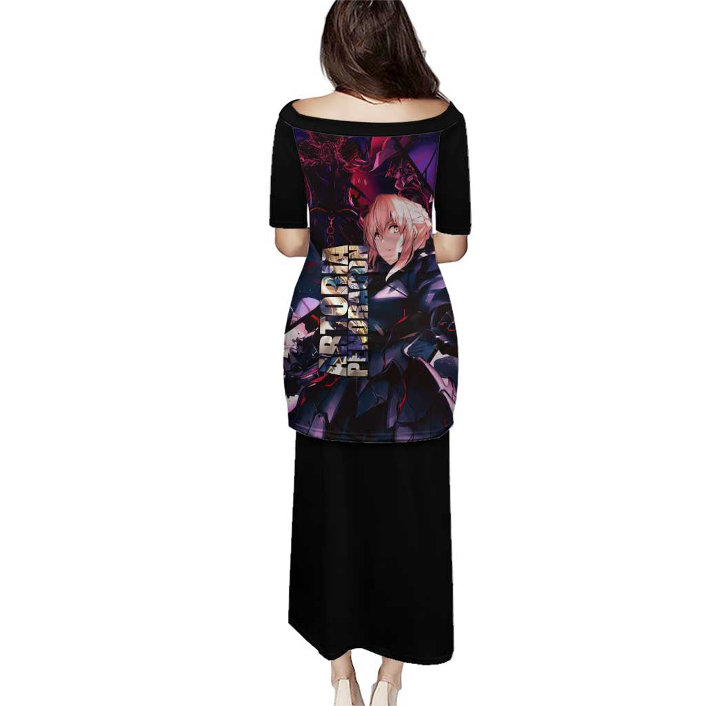 Saber Artoria Pendragon Dark Armor Theme Family Matching Puletasi and Hawaiian Shirt with Red and Purple Abstract Background Design