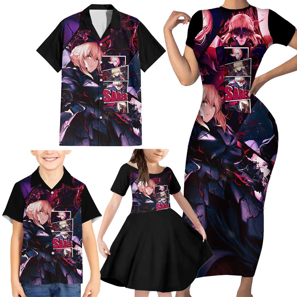 Saber Artoria Pendragon Dark Armor Theme Family Matching Short Sleeve Bodycon Dress and Hawaiian Shirt with Red and Purple Abstract Background Design