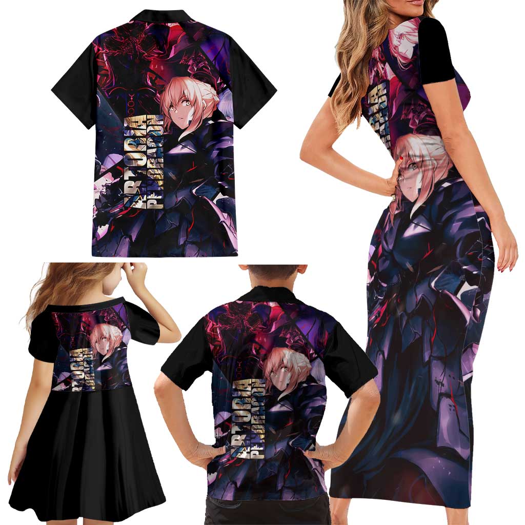 Saber Artoria Pendragon Dark Armor Theme Family Matching Short Sleeve Bodycon Dress and Hawaiian Shirt with Red and Purple Abstract Background Design