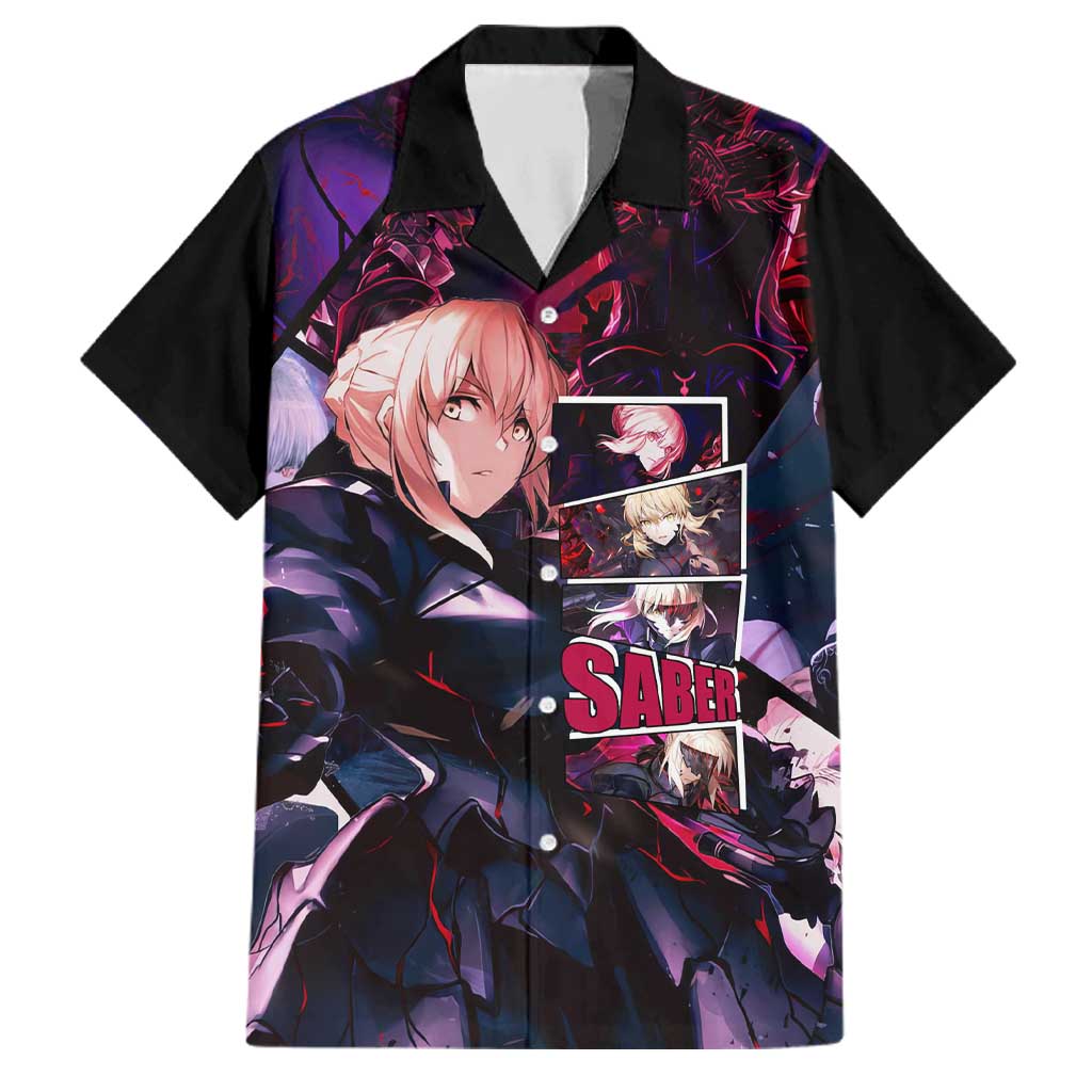 Saber Artoria Pendragon Dark Armor Theme Family Matching Short Sleeve Bodycon Dress and Hawaiian Shirt with Red and Purple Abstract Background Design