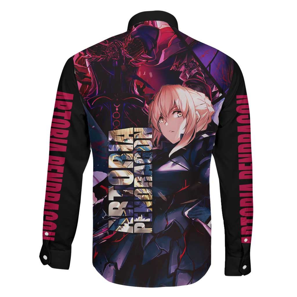 Saber Artoria Pendragon Dark Armor Theme Family Matching Short Sleeve Bodycon Dress and Hawaiian Shirt with Red and Purple Abstract Background Design