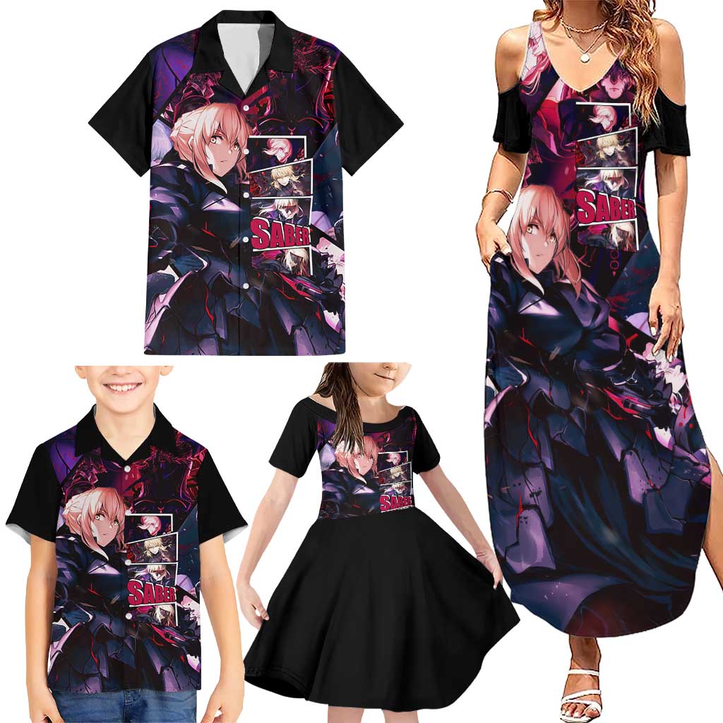 Saber Artoria Pendragon Dark Armor Theme Family Matching Summer Maxi Dress and Hawaiian Shirt with Red and Purple Abstract Background Design
