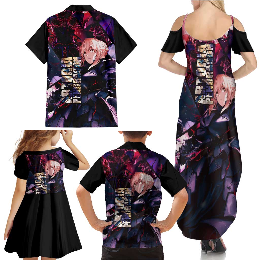 Saber Artoria Pendragon Dark Armor Theme Family Matching Summer Maxi Dress and Hawaiian Shirt with Red and Purple Abstract Background Design