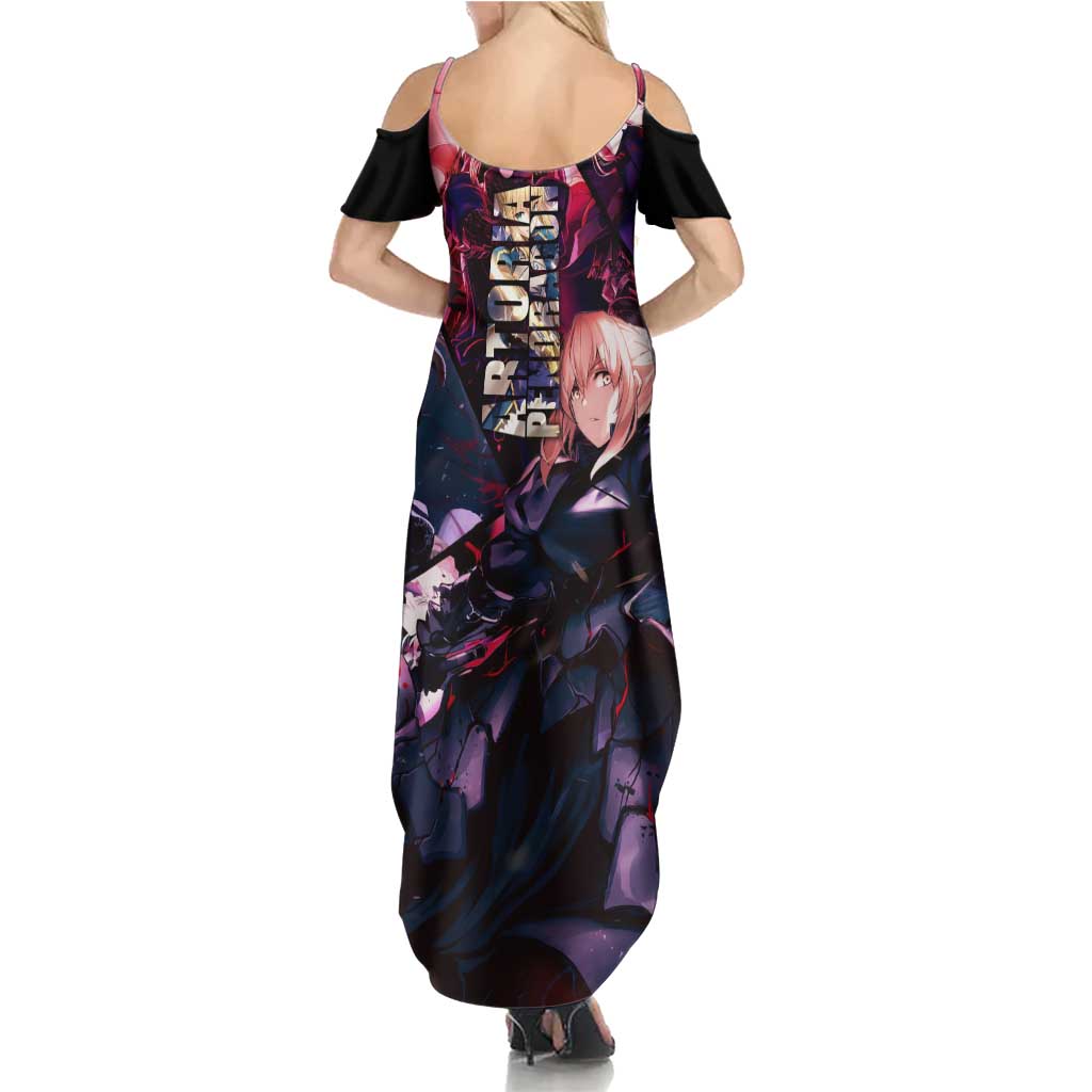 Saber Artoria Pendragon Dark Armor Theme Family Matching Summer Maxi Dress and Hawaiian Shirt with Red and Purple Abstract Background Design