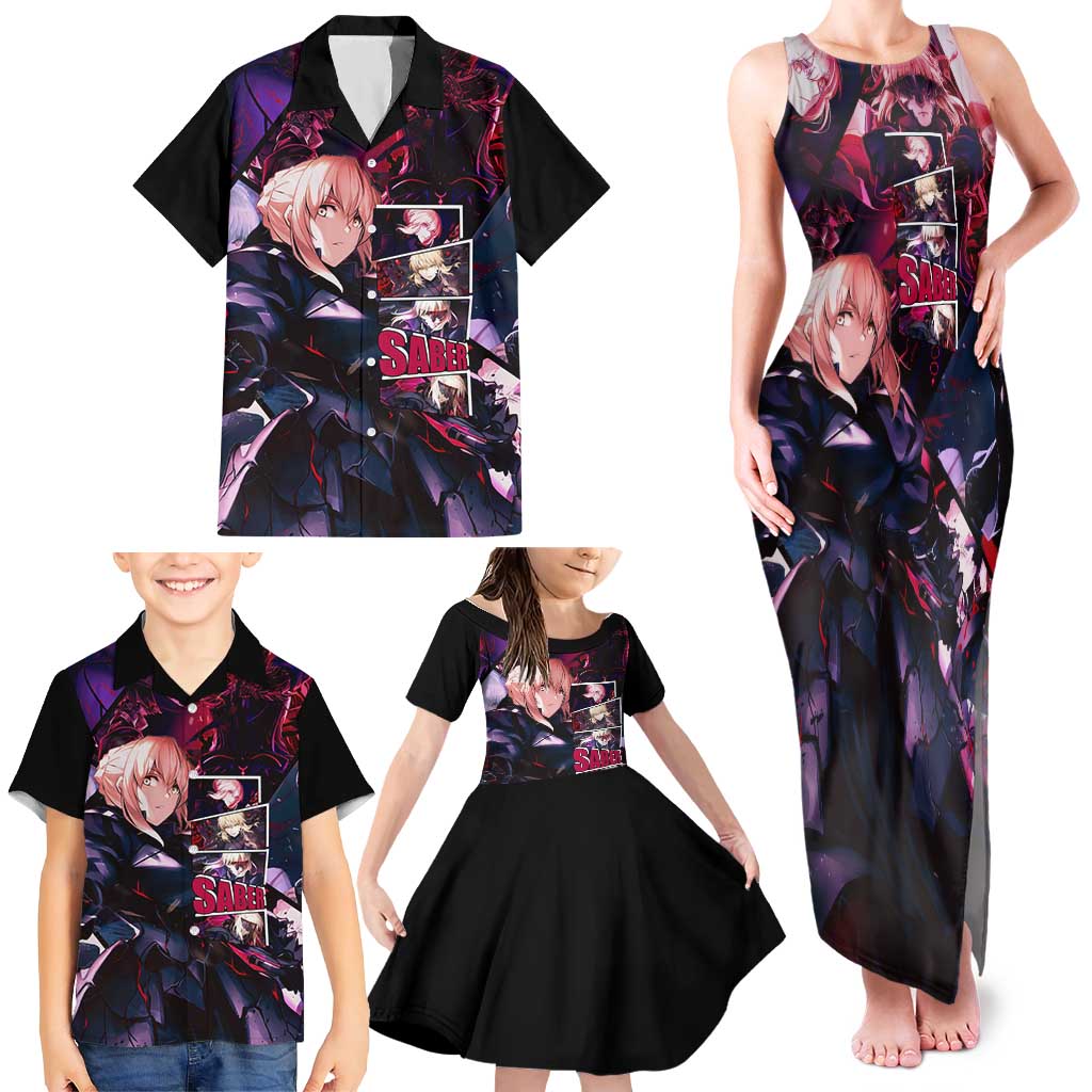 Saber Artoria Pendragon Dark Armor Theme Family Matching Tank Maxi Dress and Hawaiian Shirt with Red and Purple Abstract Background Design