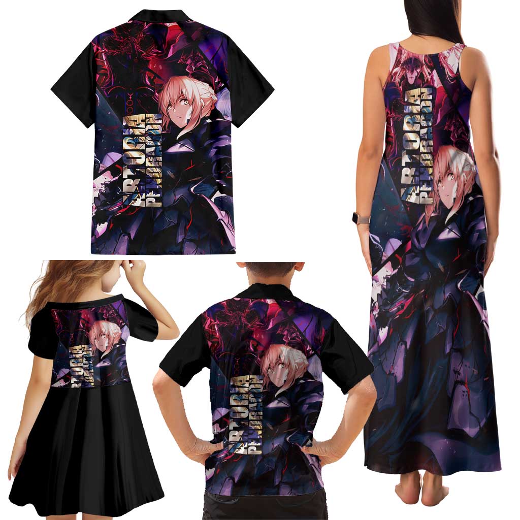 Saber Artoria Pendragon Dark Armor Theme Family Matching Tank Maxi Dress and Hawaiian Shirt with Red and Purple Abstract Background Design