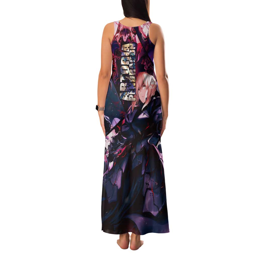Saber Artoria Pendragon Dark Armor Theme Family Matching Tank Maxi Dress and Hawaiian Shirt with Red and Purple Abstract Background Design