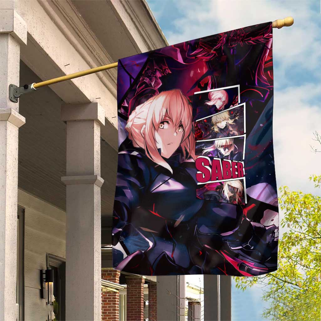 Saber Artoria Pendragon Dark Armor Theme Garden Flag with Red and Purple Abstract Background Design - The Mazicc
