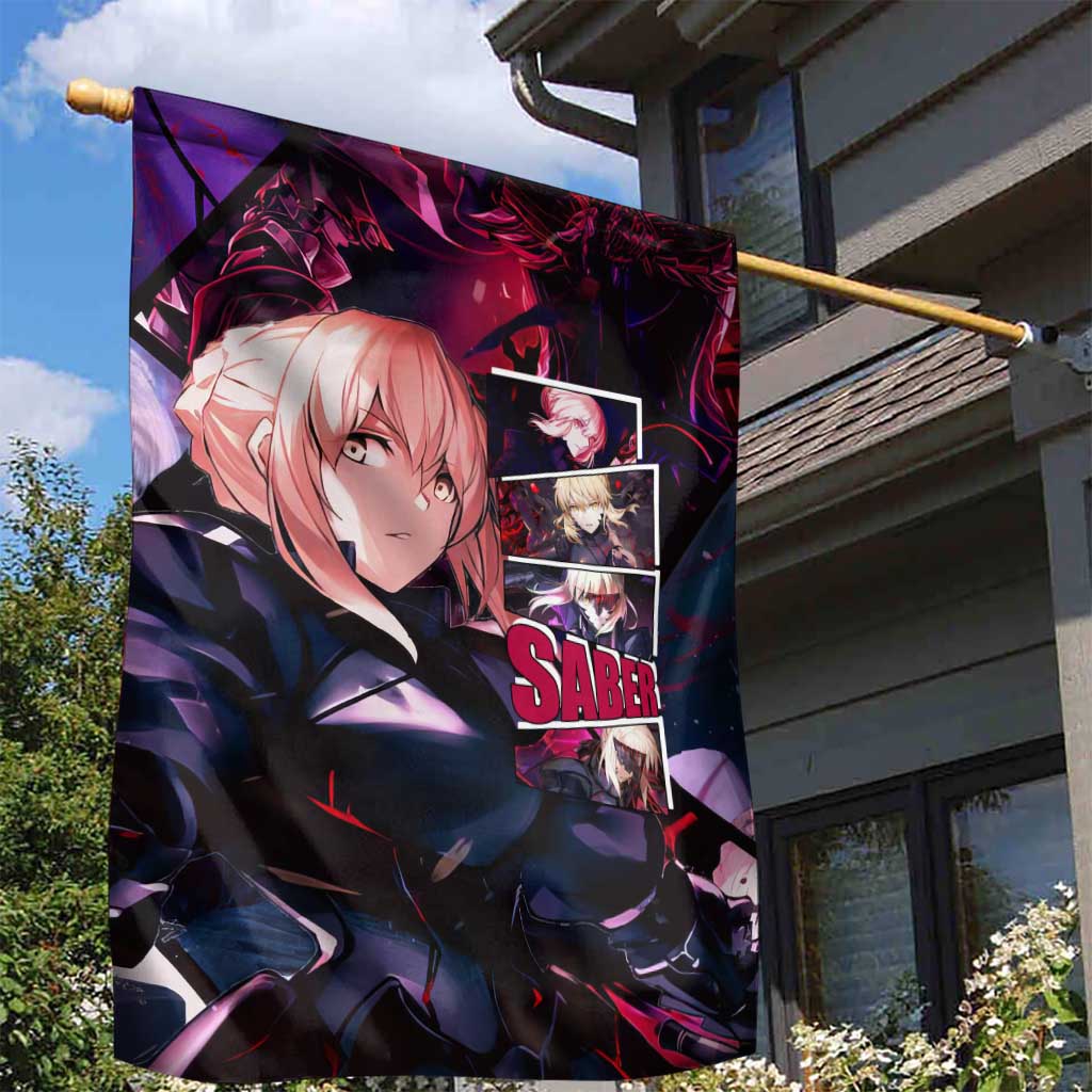 Saber Artoria Pendragon Dark Armor Theme Garden Flag with Red and Purple Abstract Background Design - The Mazicc