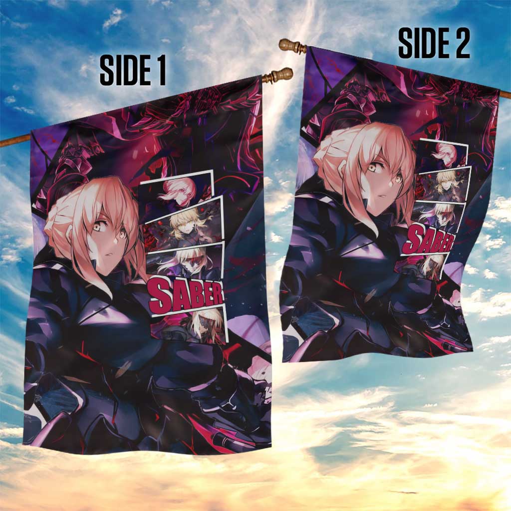 Saber Artoria Pendragon Dark Armor Theme Garden Flag with Red and Purple Abstract Background Design - The Mazicc
