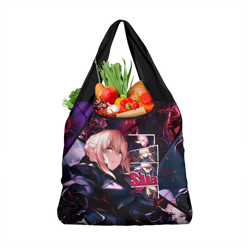 Saber Artoria Pendragon Dark Armor Theme Grocery Bag with Red and Purple Abstract Background Design - The Mazicc