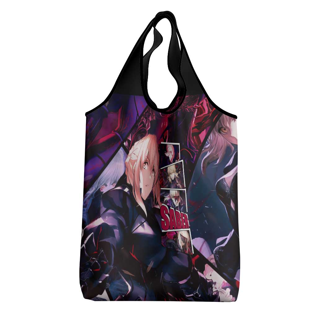 Saber Artoria Pendragon Dark Armor Theme Grocery Bag with Red and Purple Abstract Background Design - The Mazicc