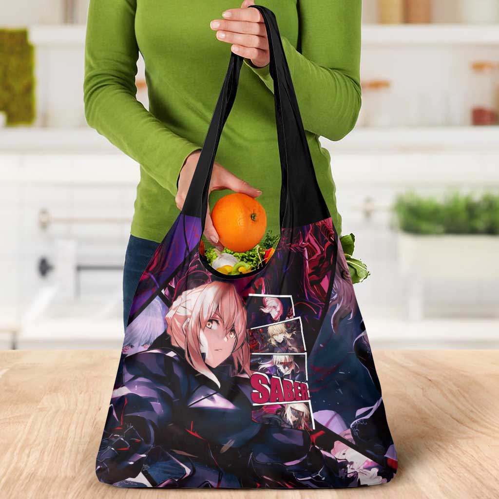 Saber Artoria Pendragon Dark Armor Theme Grocery Bag with Red and Purple Abstract Background Design - The Mazicc