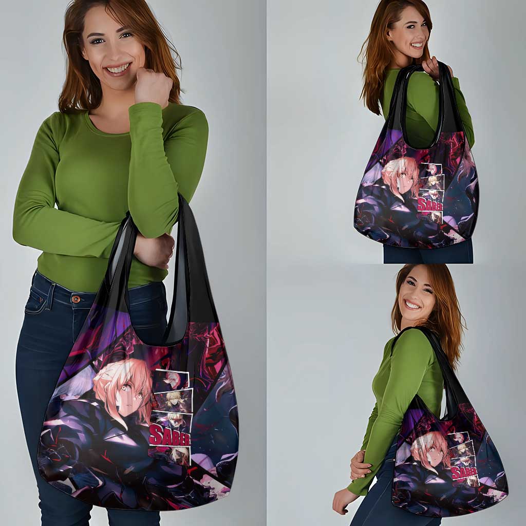 Saber Artoria Pendragon Dark Armor Theme Grocery Bag with Red and Purple Abstract Background Design - The Mazicc