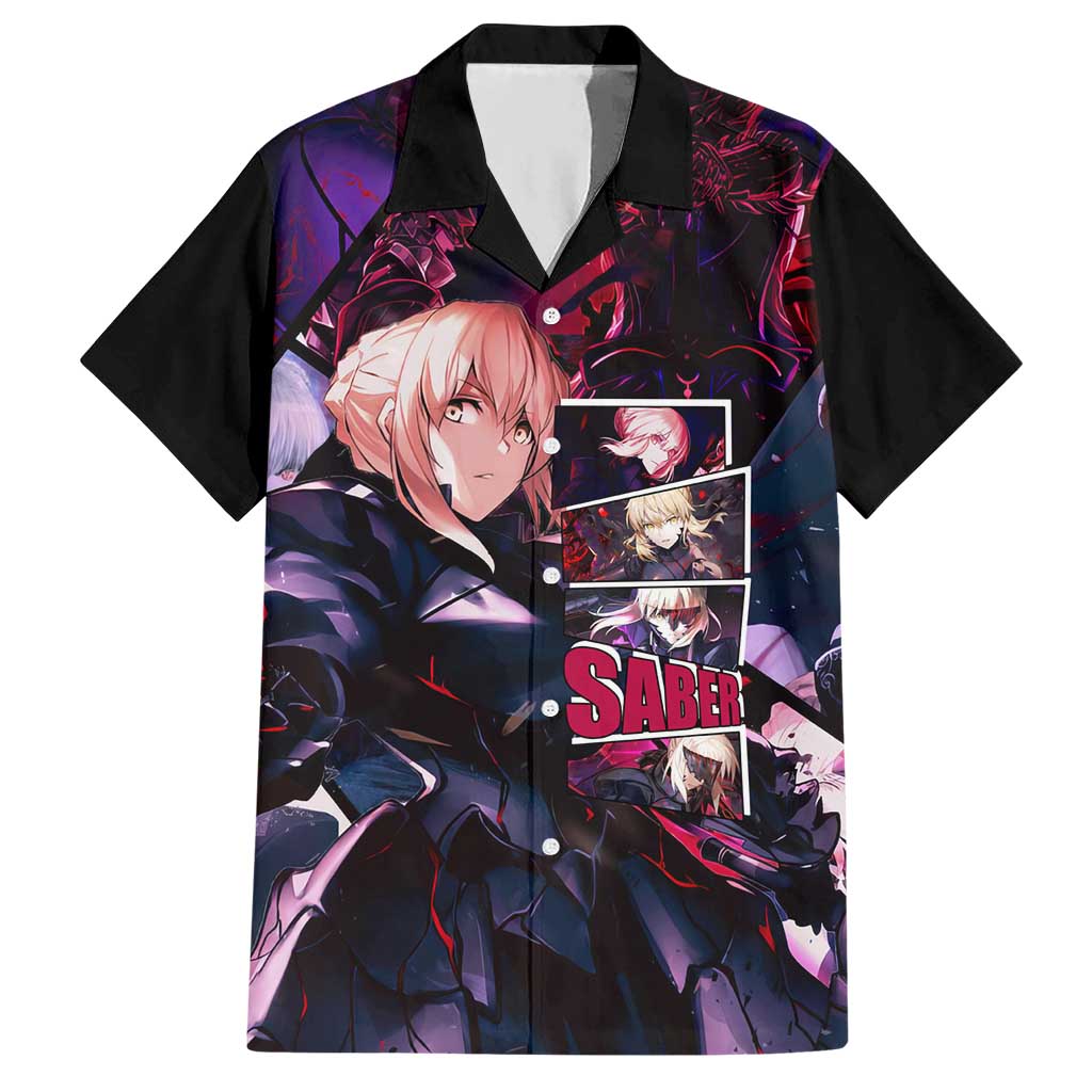 Saber Artoria Pendragon Dark Armor Theme Hawaiian Shirt with Red and Purple Abstract Background Design - The Mazicc