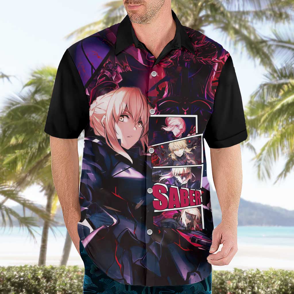 Saber Artoria Pendragon Dark Armor Theme Hawaiian Shirt with Red and Purple Abstract Background Design - The Mazicc