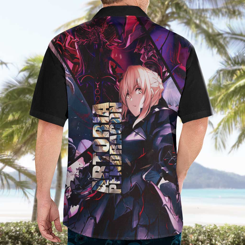 Saber Artoria Pendragon Dark Armor Theme Hawaiian Shirt with Red and Purple Abstract Background Design - The Mazicc