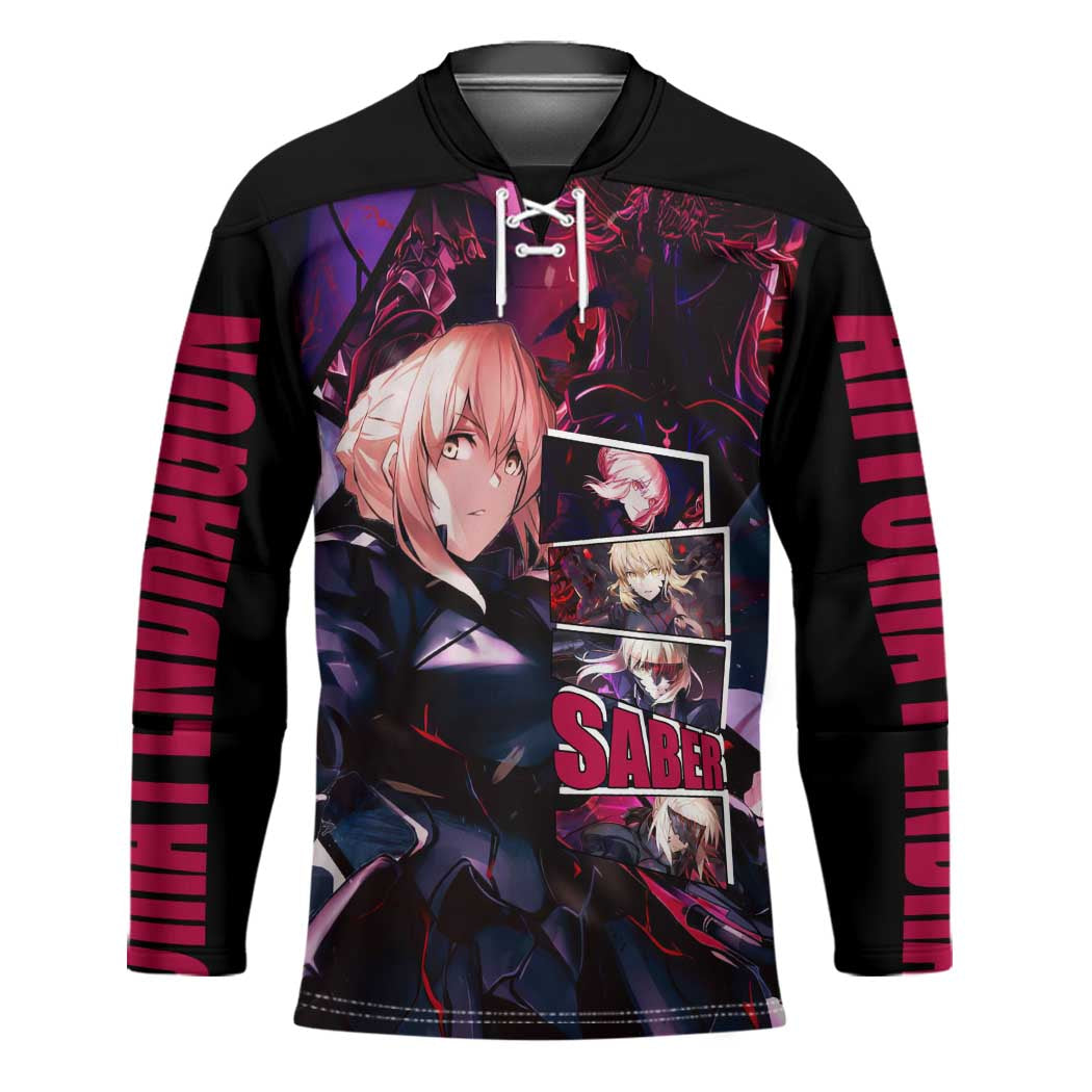 Saber Artoria Pendragon Dark Armor Theme Hockey Jersey with Red and Purple Abstract Background Design - The Mazicc