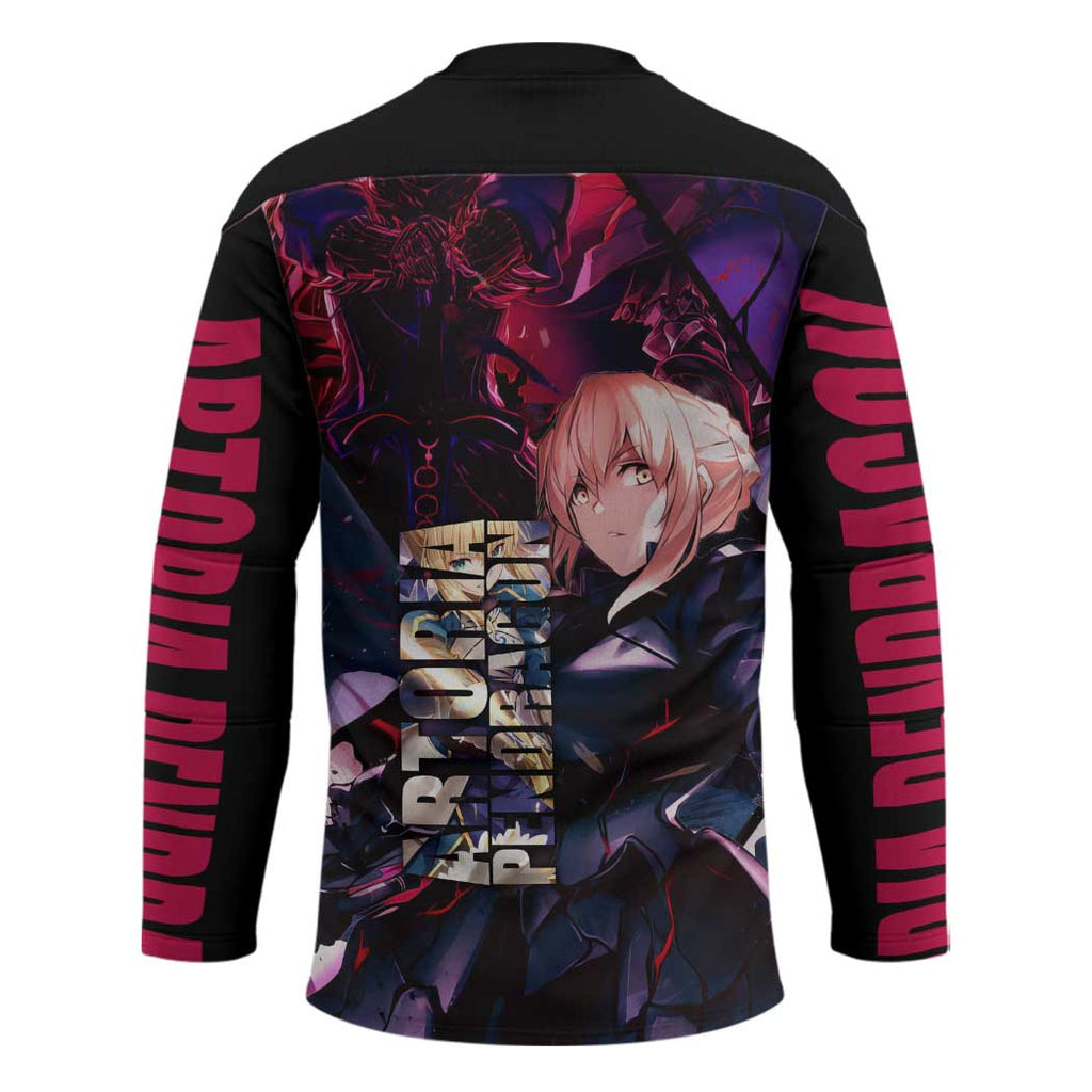 Saber Artoria Pendragon Dark Armor Theme Hockey Jersey with Red and Purple Abstract Background Design - The Mazicc