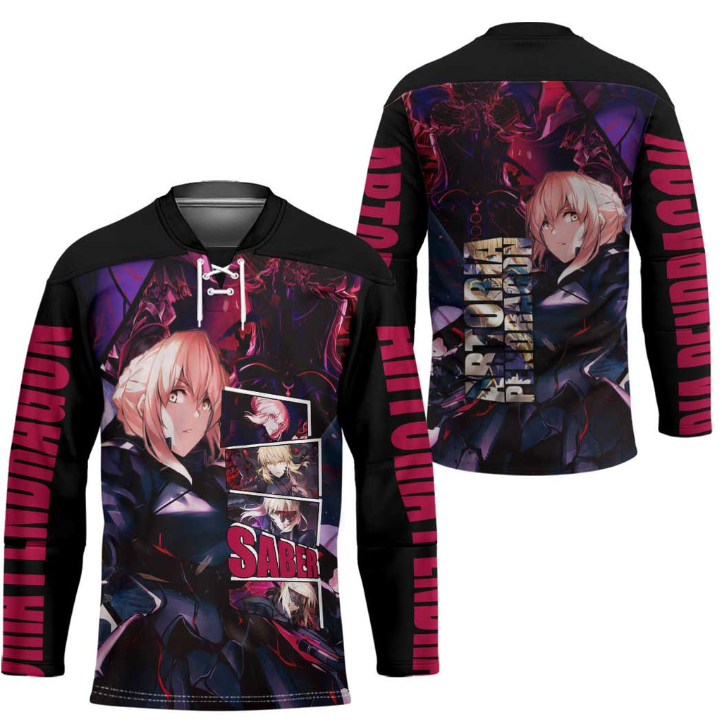 Saber Artoria Pendragon Dark Armor Theme Hockey Jersey with Red and Purple Abstract Background Design - The Mazicc