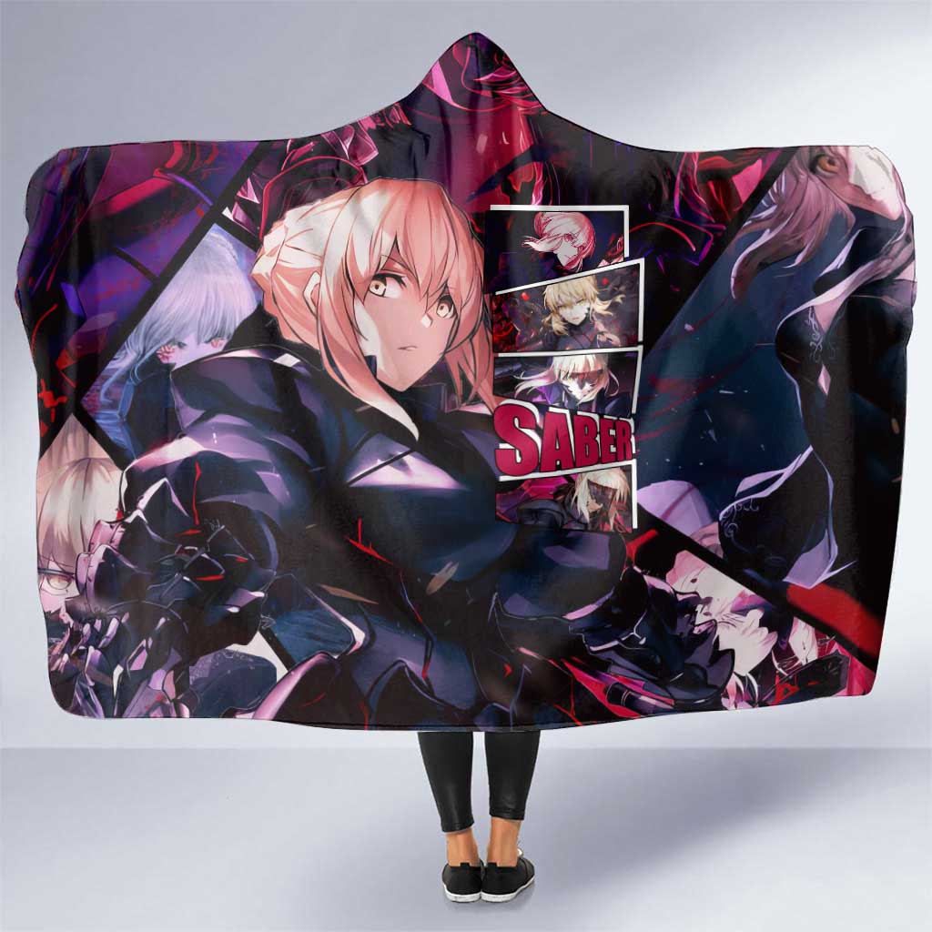 Saber Artoria Pendragon Dark Armor Theme Hooded Blanket with Red and Purple Abstract Background Design - The Mazicc