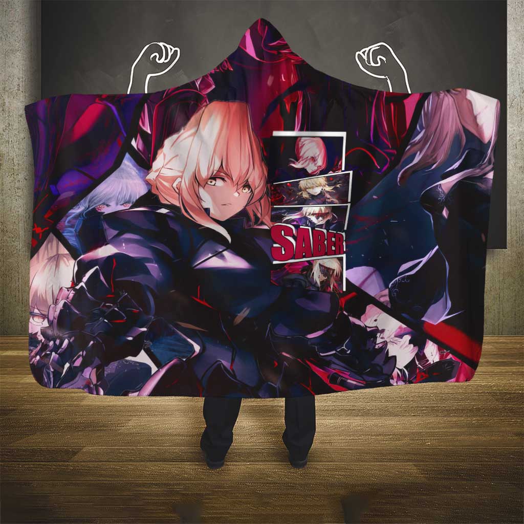 Saber Artoria Pendragon Dark Armor Theme Hooded Blanket with Red and Purple Abstract Background Design - The Mazicc