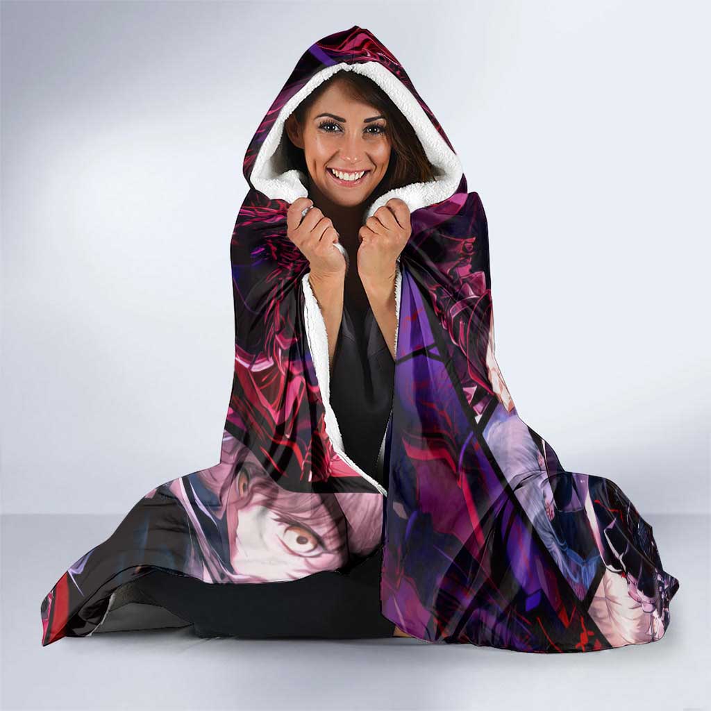 Saber Artoria Pendragon Dark Armor Theme Hooded Blanket with Red and Purple Abstract Background Design - The Mazicc