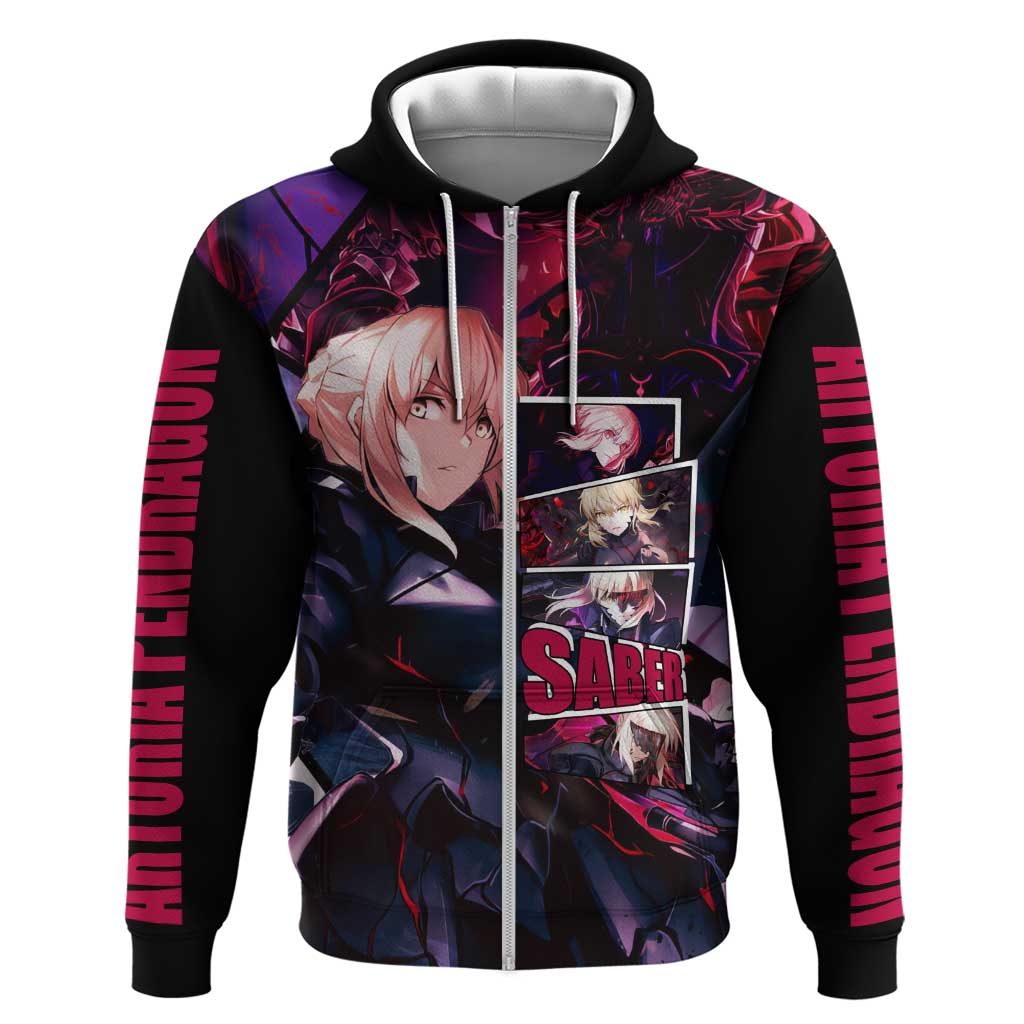Saber Artoria Pendragon Dark Armor Theme Hoodie with Red and Purple Abstract Background Design - The Mazicc