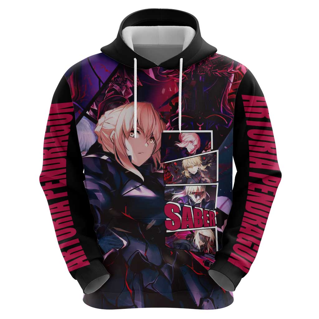 Saber Artoria Pendragon Dark Armor Theme Hoodie with Red and Purple Abstract Background Design - The Mazicc