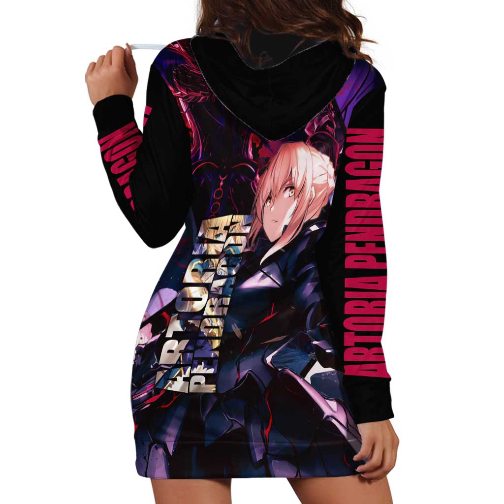 Saber Artoria Pendragon Dark Armor Theme Hoodie Dress with Red and Purple Abstract Background Design - The Mazicc