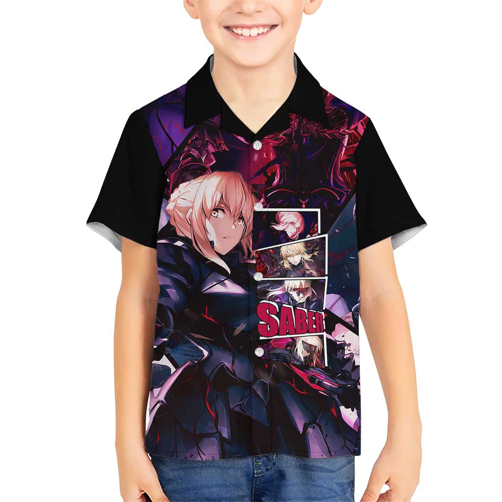 Saber Artoria Pendragon Dark Armor Theme Kid Hawaiian Shirt with Red and Purple Abstract Background Design - The Mazicc