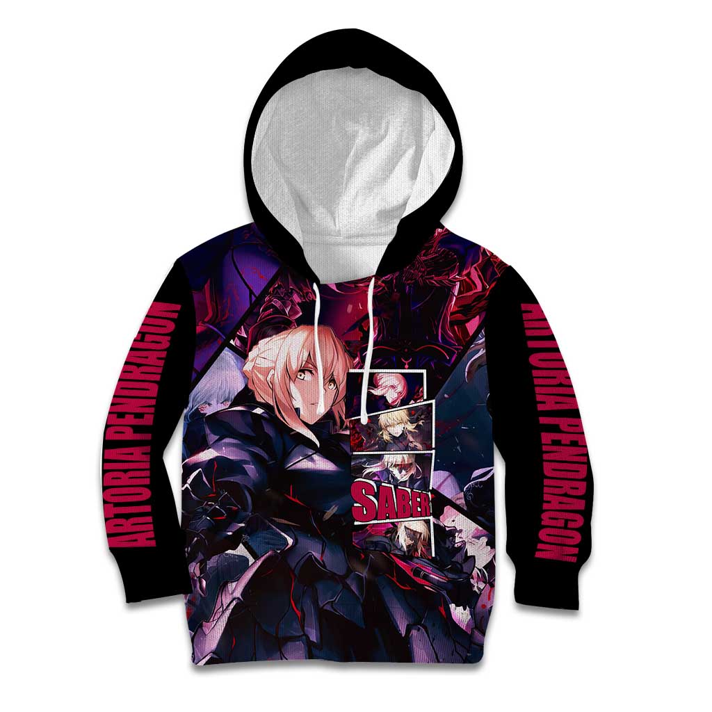 Saber Artoria Pendragon Dark Armor Theme Kid Hoodie with Red and Purple Abstract Background Design - The Mazicc
