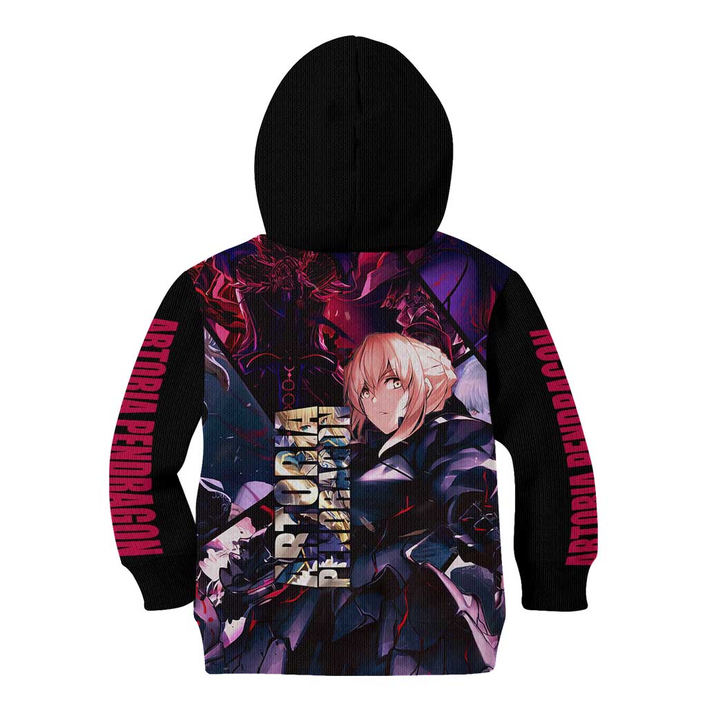 Saber Artoria Pendragon Dark Armor Theme Kid Hoodie with Red and Purple Abstract Background Design - The Mazicc