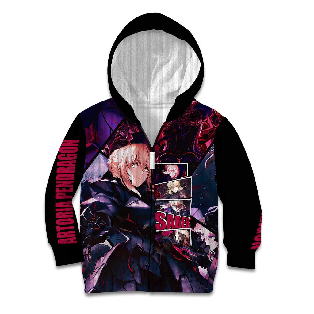 Saber Artoria Pendragon Dark Armor Theme Kid Hoodie with Red and Purple Abstract Background Design - The Mazicc