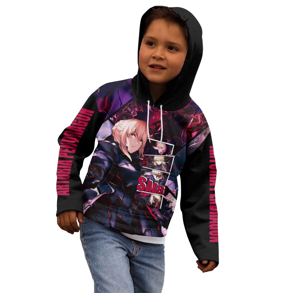 Saber Artoria Pendragon Dark Armor Theme Kid Hoodie with Red and Purple Abstract Background Design - The Mazicc